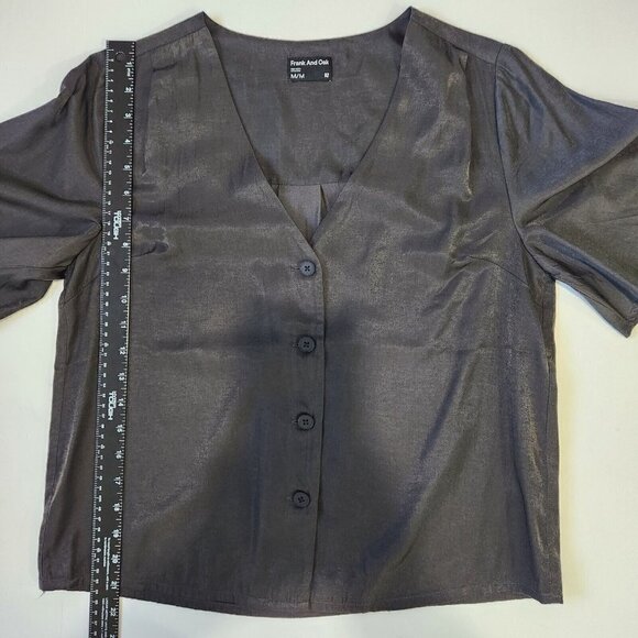Frank And Oak Button Front Blouse Womens M Black V-Neck Flutter Short Sleeve - Picture 6 of 8